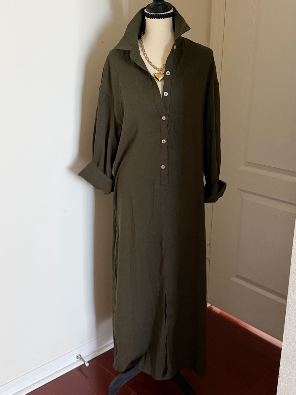 Olive Green Button-Front Maxi Shirt Dress